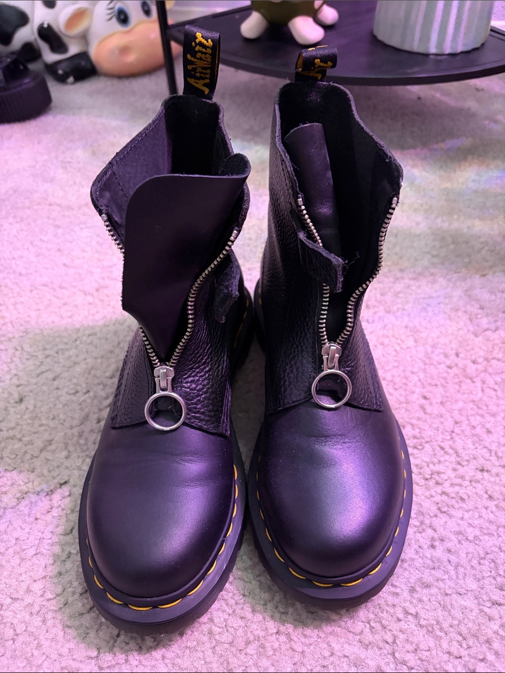 Dr. Martens Black Leather Zip-Front Ankle Boots with Yellow Stitching